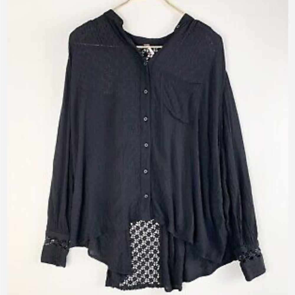 Free People Black Crochet Back Long Sleeve Button Down